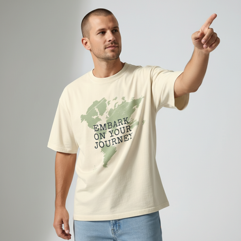 Man pointing off-camera while wearing a cream vintage map graphic t-shirt and light blue jeans.