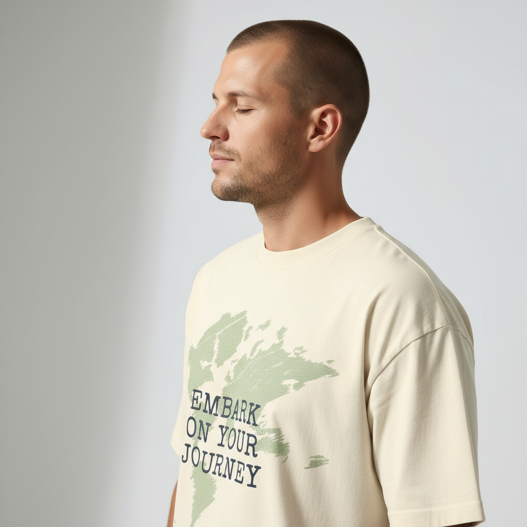 Side profile view of a man looking down, wearing a loose-fitting cream "Embark On Your Journey" t-shirt.