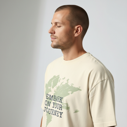 Side profile view of a man looking down, wearing a loose-fitting cream "Embark On Your Journey" t-shirt.