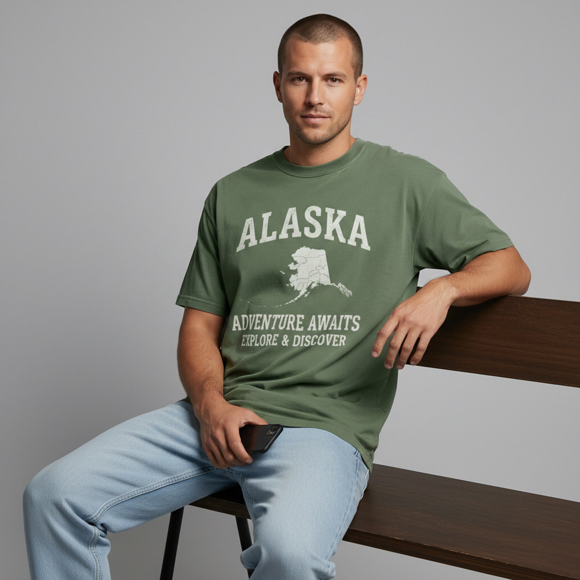 Man sitting on a wooden bench wearing a relaxed-fit green Alaska graphic t-shirt and jeans.