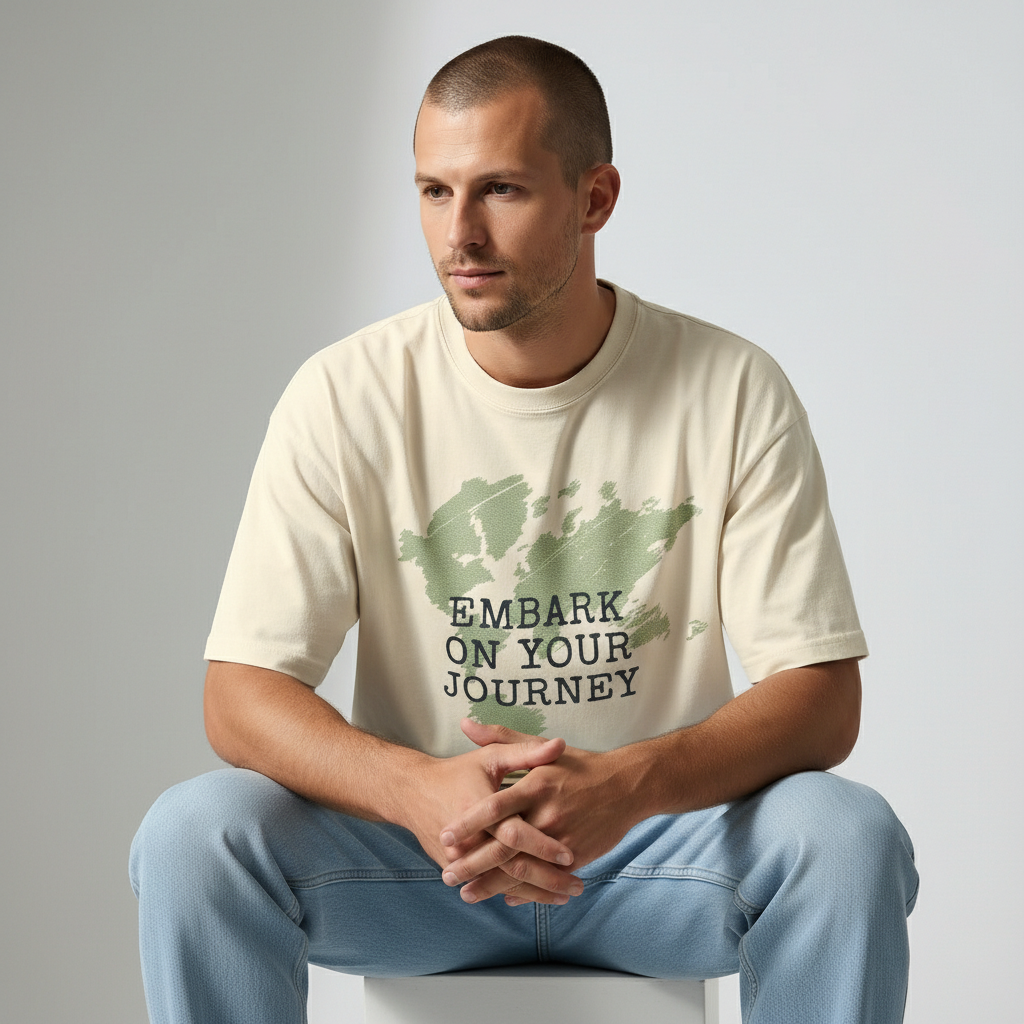 Man sitting with hands resting on his legs, looking forward, modeling a cream minimalist travel graphic tee.
