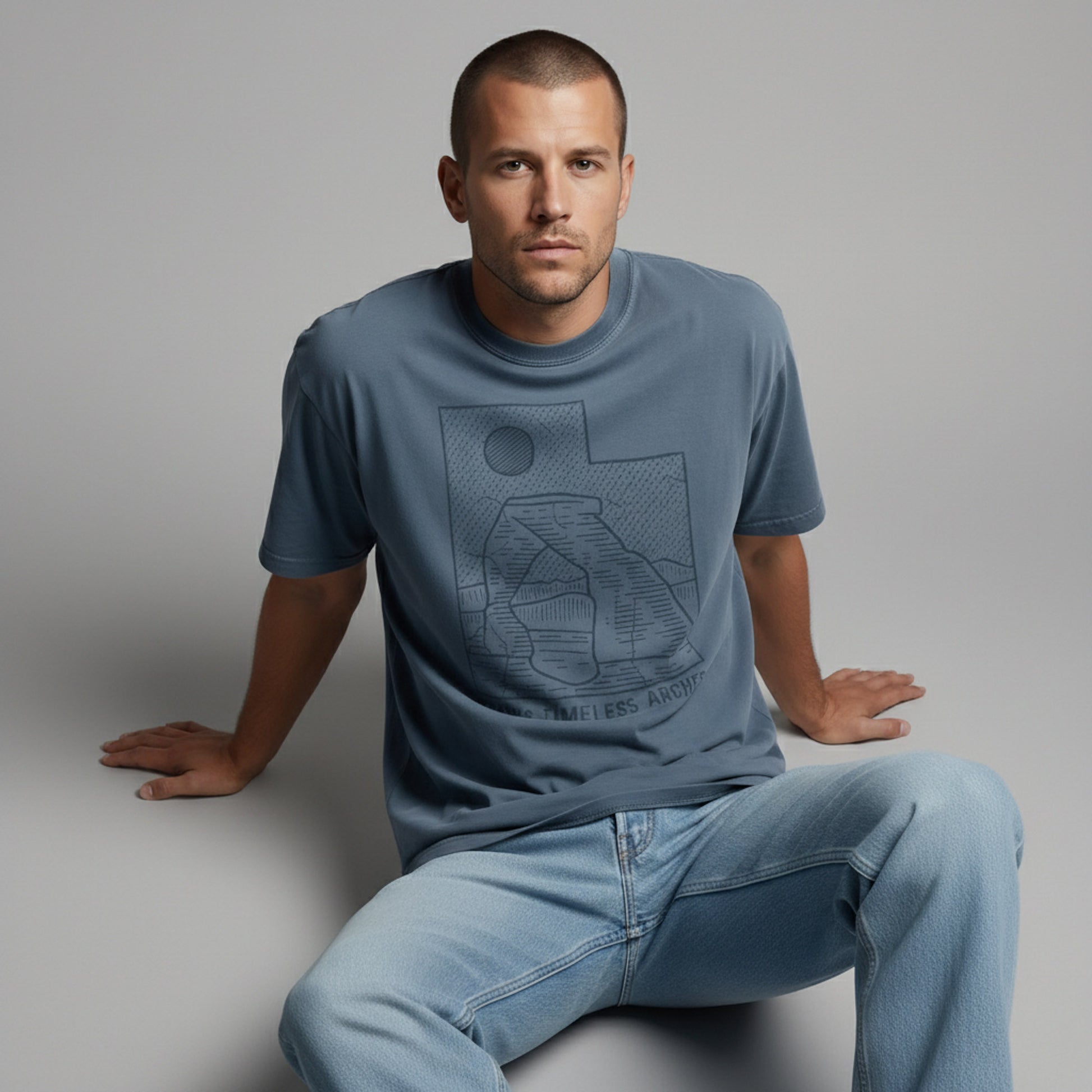 Man sitting on the ground leaning back on his hands, modeling a blue "Utah's Timeless Arches" graphic t-shirt.