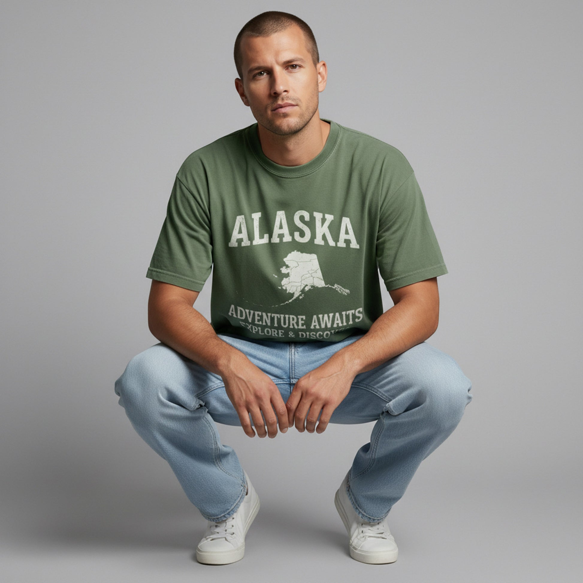 Man crouching down wearing an olive green outdoor lifestyle t-shirt with a white graphic.