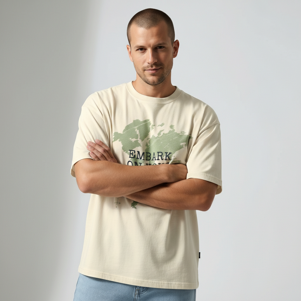 Front view of a man with arms crossed, modeling a relaxed-fit cream travel-inspired graphic tee.