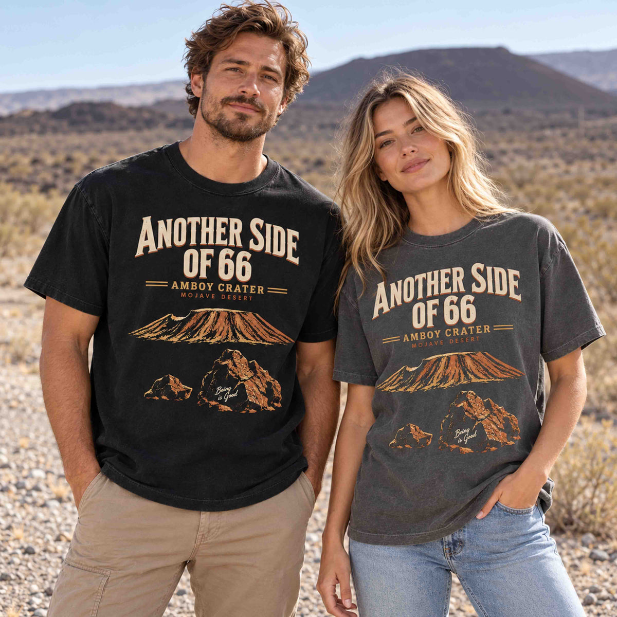 Being is Good Amboy Crater Route 66 t-shirt in Black and Pepper worn by two adult models in the Mojave Desert