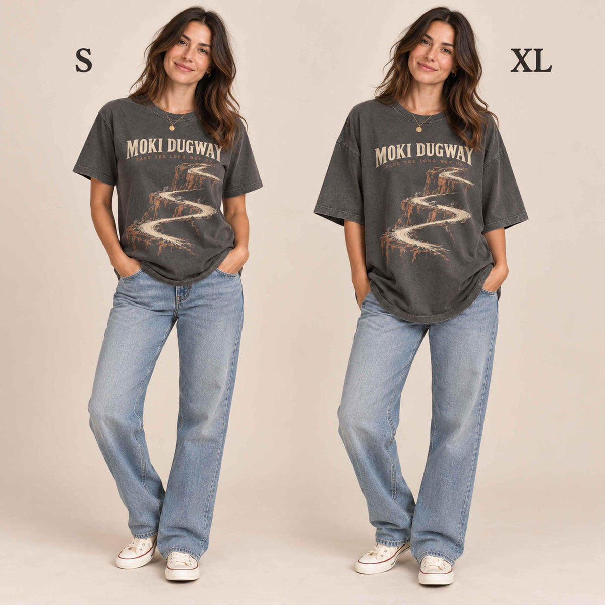 Same woman comparing size S and XL fits of the Pepper Moki Dugway Comfort Colors T-shirt.