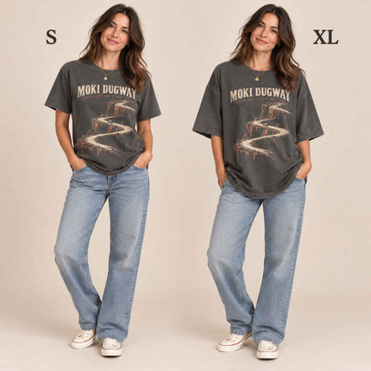 Same woman comparing size S and XL fits of the Pepper Moki Dugway Comfort Colors T-shirt.