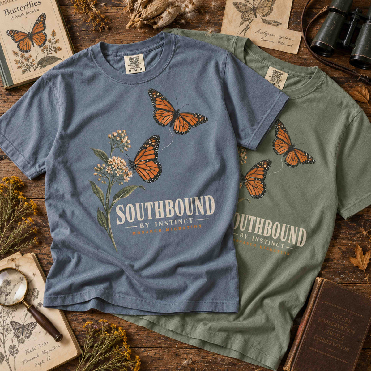 Blue Jean and Moss Southbound by Instinct butterfly T-shirts overlapping on a wooden table with botanical field guide props.