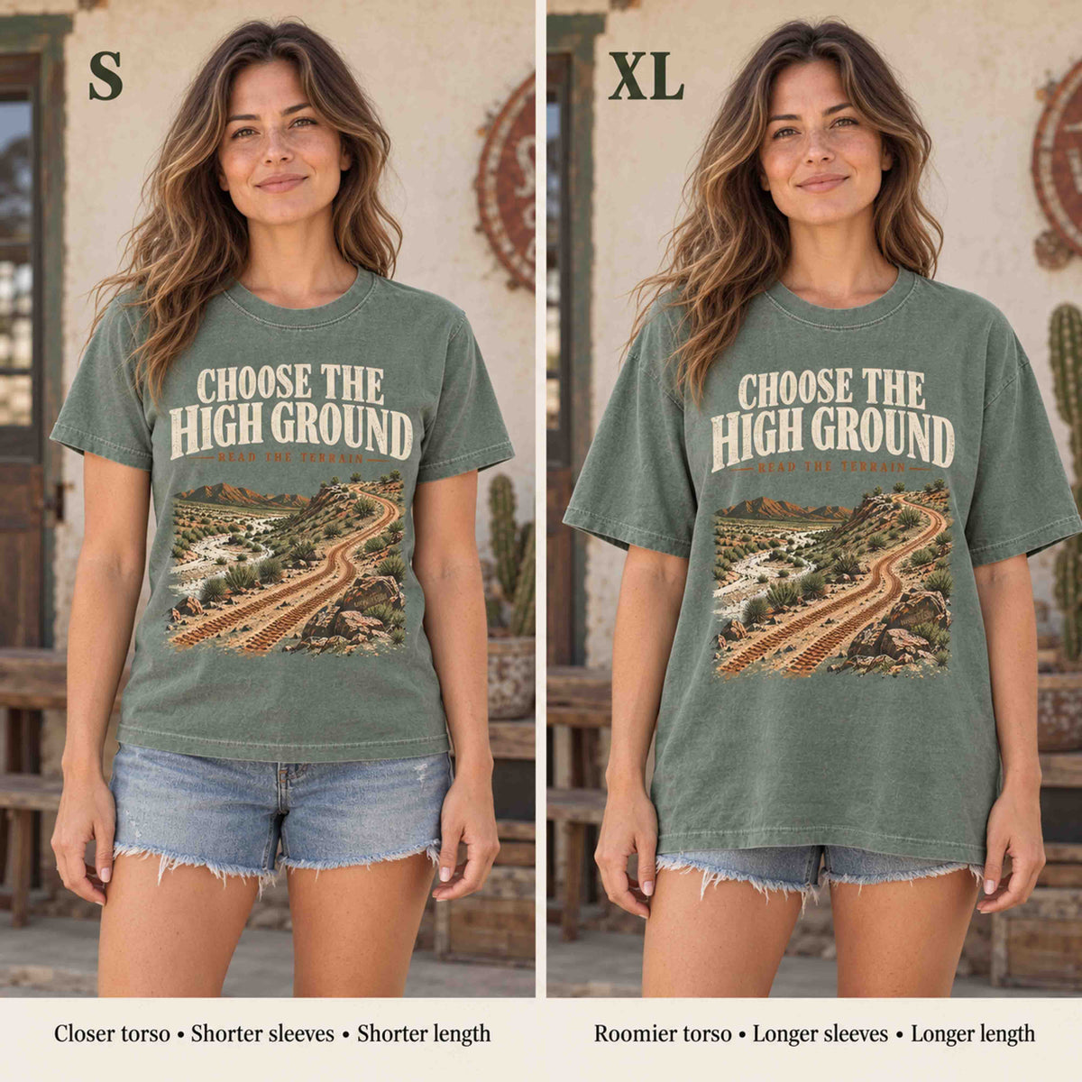 Side-by-side mockup comparing S and XL fits of the Moss Choose the High Ground tee on the same woman.