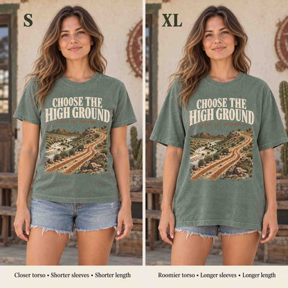 Side-by-side mockup comparing S and XL fits of the Moss Choose the High Ground tee on the same woman.
