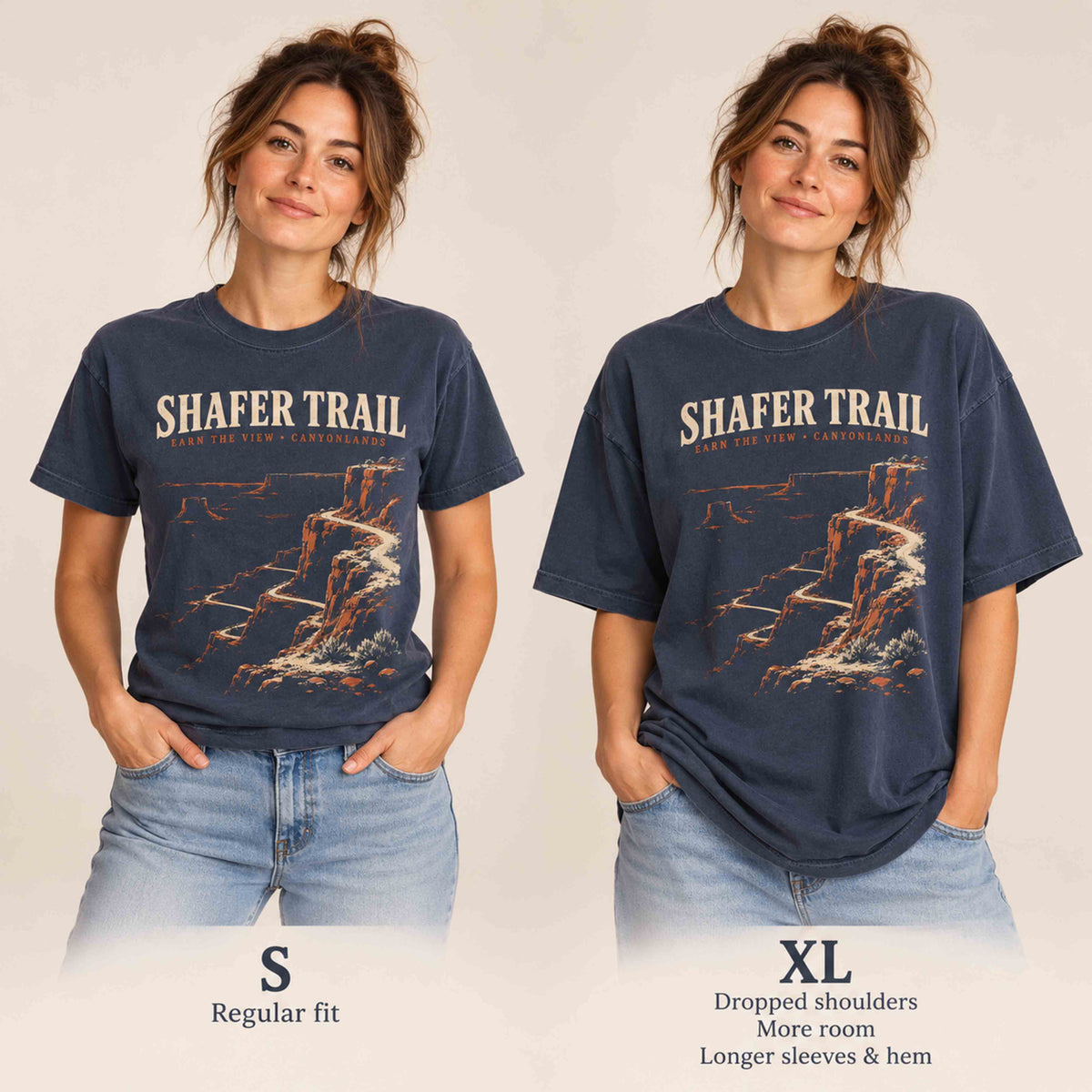 Woman comparing size S and XL fits of the Navy Shafer Trail Comfort Colors 1717 T-shirt.