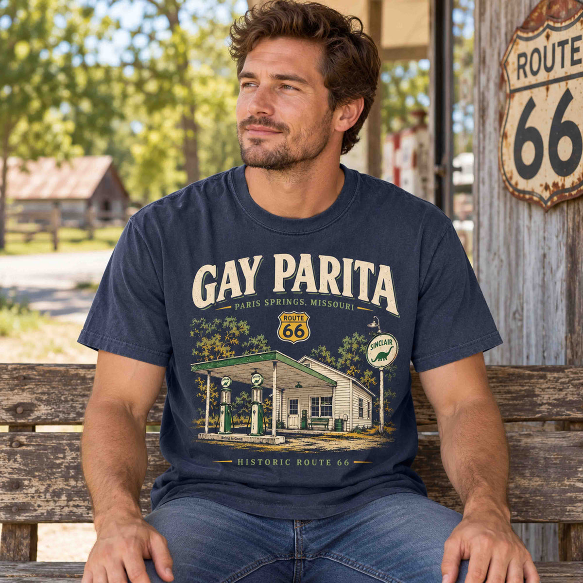 Man seated on a rustic bench wearing a Navy Gay Parita Route 66 graphic T-shirt beside a Route 66 sign.