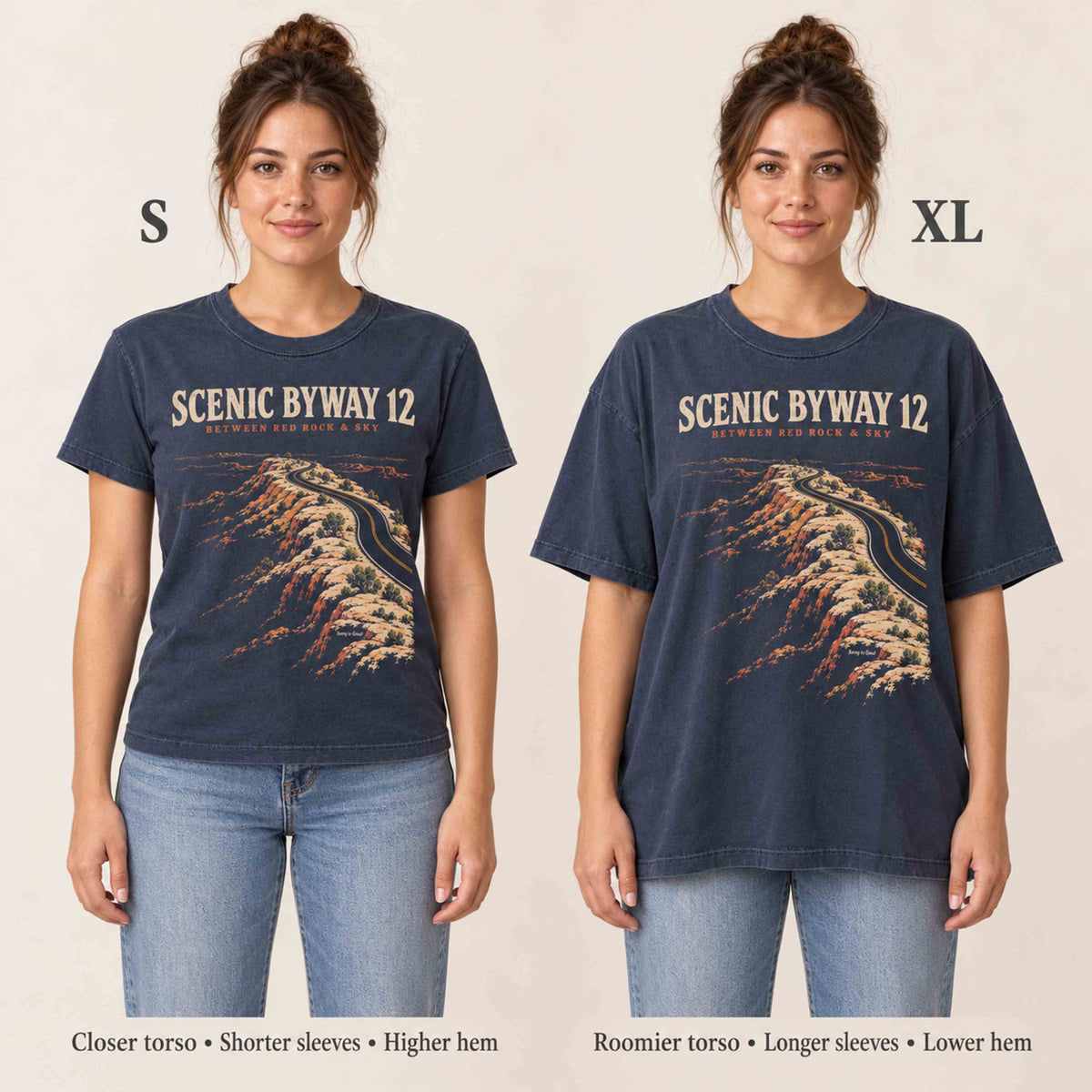 Side-by-side comparison of women wearing the navy Scenic Byway 12 T-shirt in sizes S and XL.