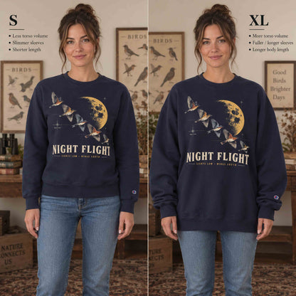 Navy Night Flight Bird Migration Champion sweatshirt fit comparison showing different sizes