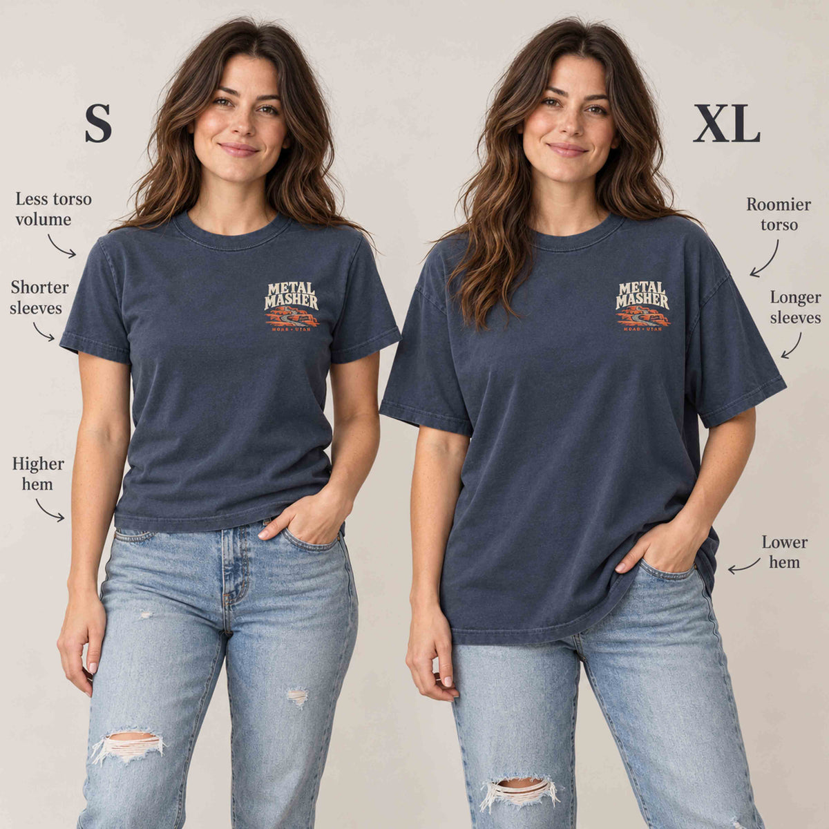 Same woman modeling a Navy Metal Masher tee in S and XL, comparing torso room, sleeves and hem length.