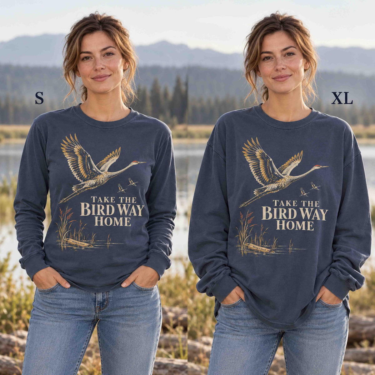 Same model showing the Navy sandhill crane long sleeve shirt in sizes S and XL.