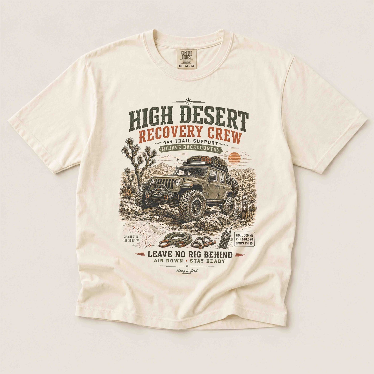 Ivory Comfort Colors T-shirt featuring High Desert Recovery Crew off-road artwork