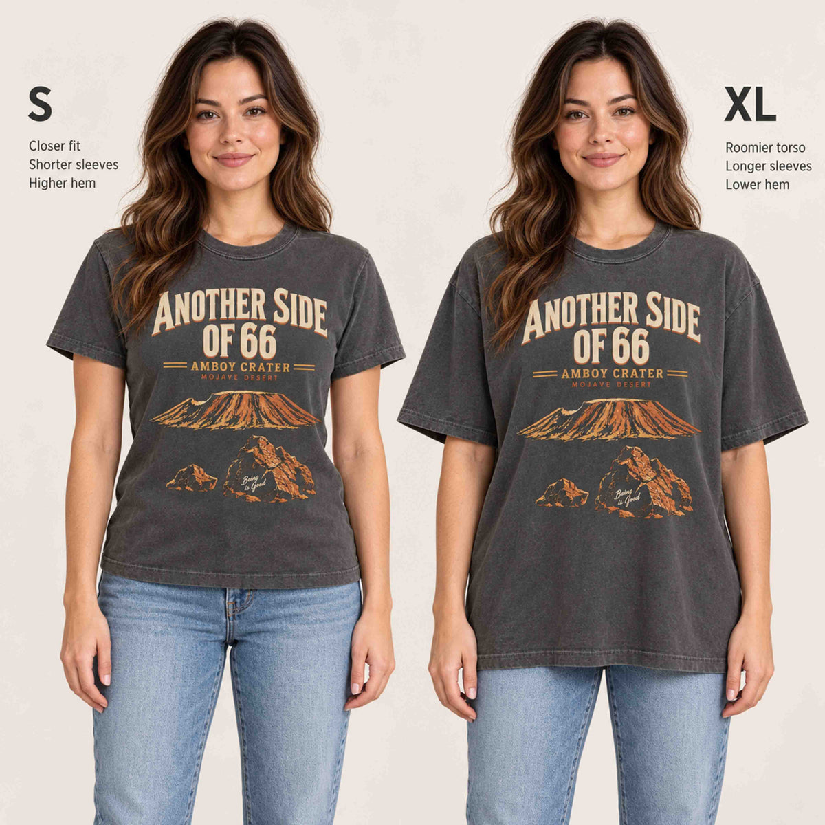 Pepper Amboy Crater t-shirt fit comparison showing sizes S and XL