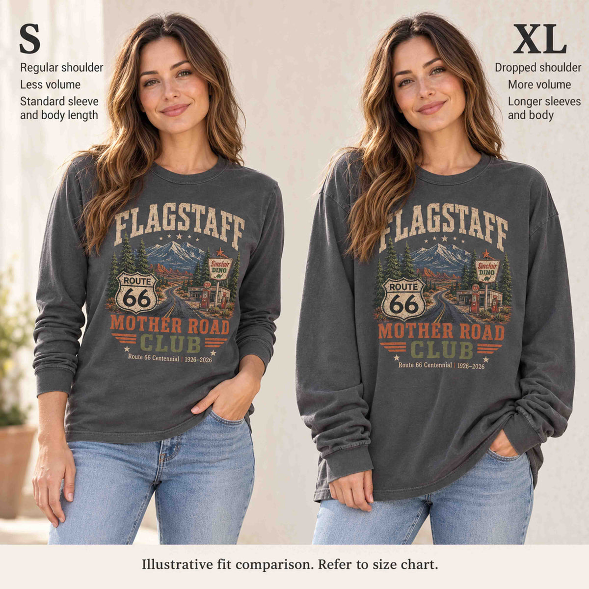 Illustrative S versus XL fit comparison of the Pepper Flagstaff long sleeve tee on a woman, showing shoulder, sleeve and length differences.