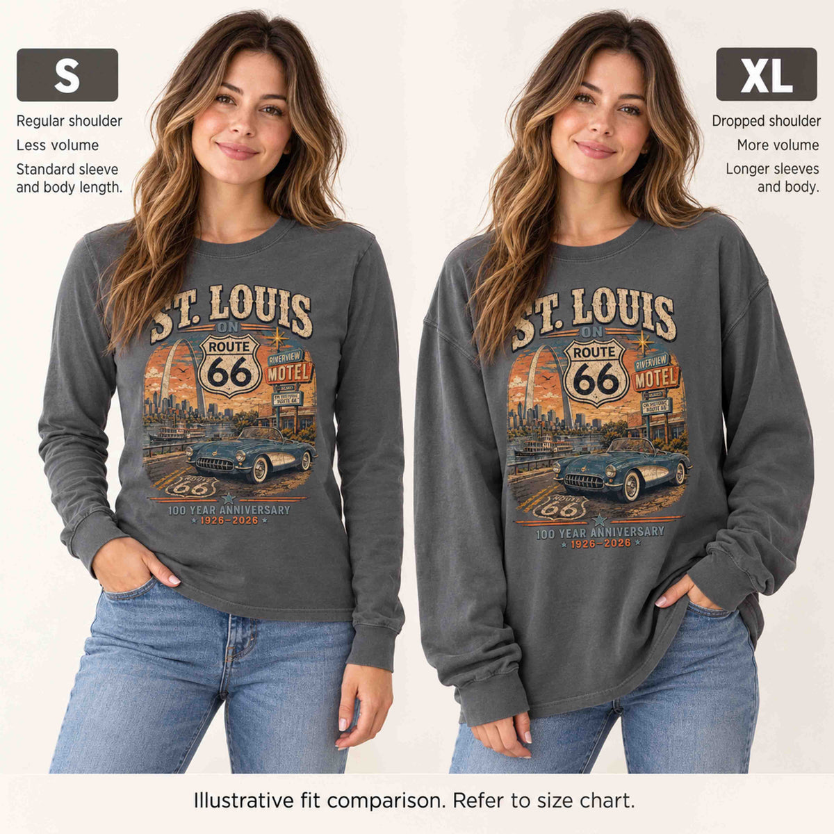 Illustrative S versus XL fit comparison of the Pepper St. Louis long sleeve tee on a woman, showing shoulder, sleeve and length differences.