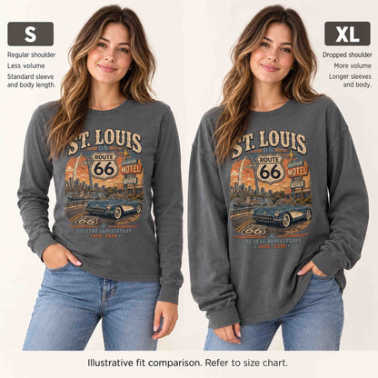Illustrative S versus XL fit comparison of the Pepper St. Louis long sleeve tee on a woman, showing shoulder, sleeve and length differences.