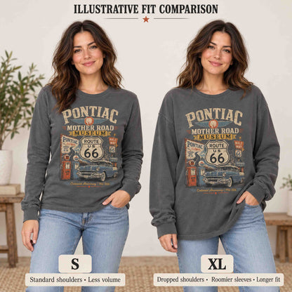 Illustrative S versus XL fit comparison of the Pepper Pontiac long sleeve tee on a woman, showing shoulder, sleeve and length differences.