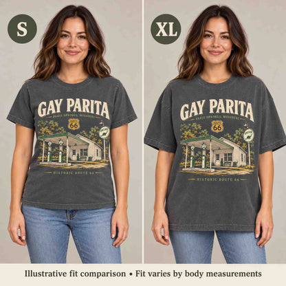 Same woman wearing the Pepper Gay Parita Route 66 T-shirt in Small and XL for an illustrative fit comparison.