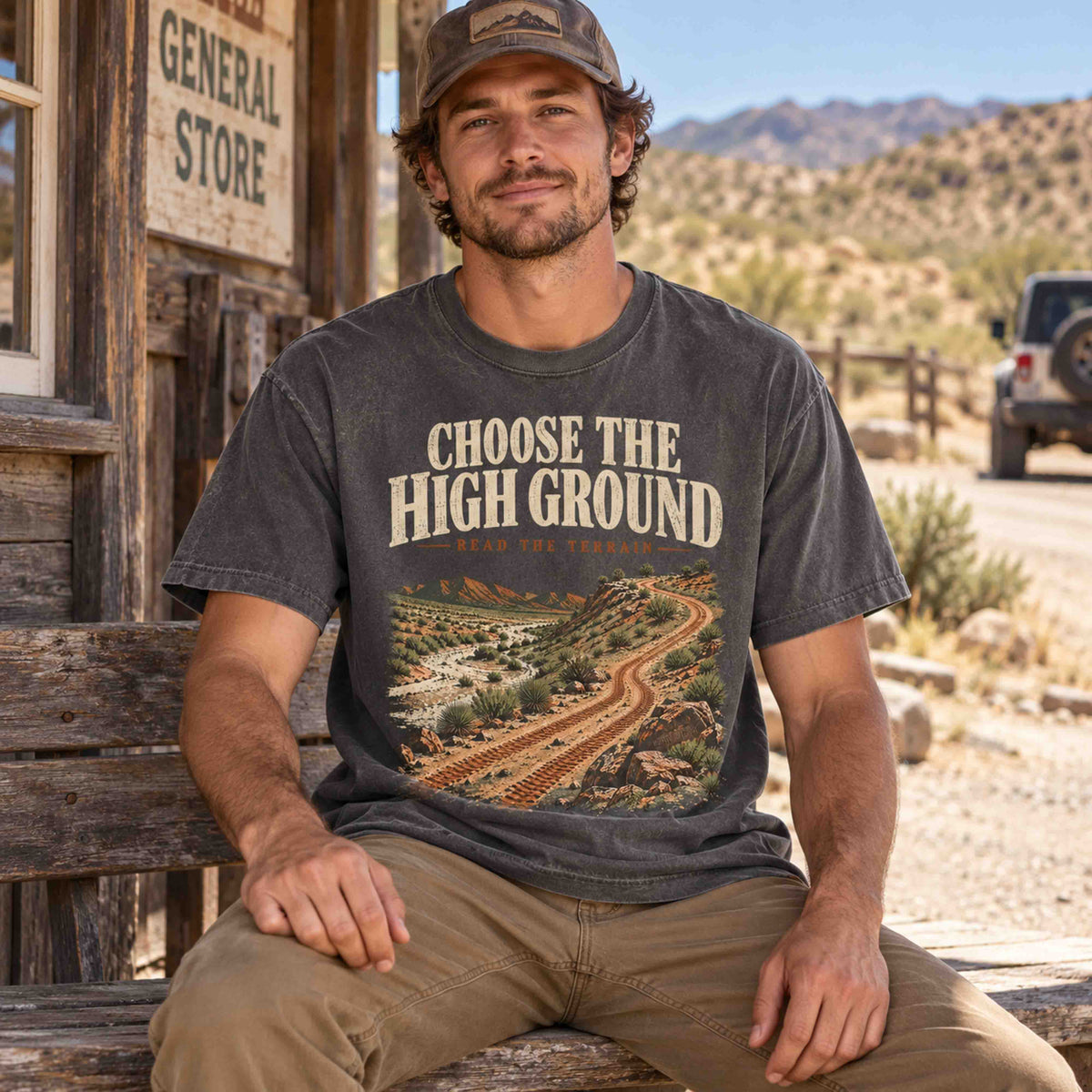 Seated man wearing the Pepper Choose the High Ground graphic tee outside a desert general store.
