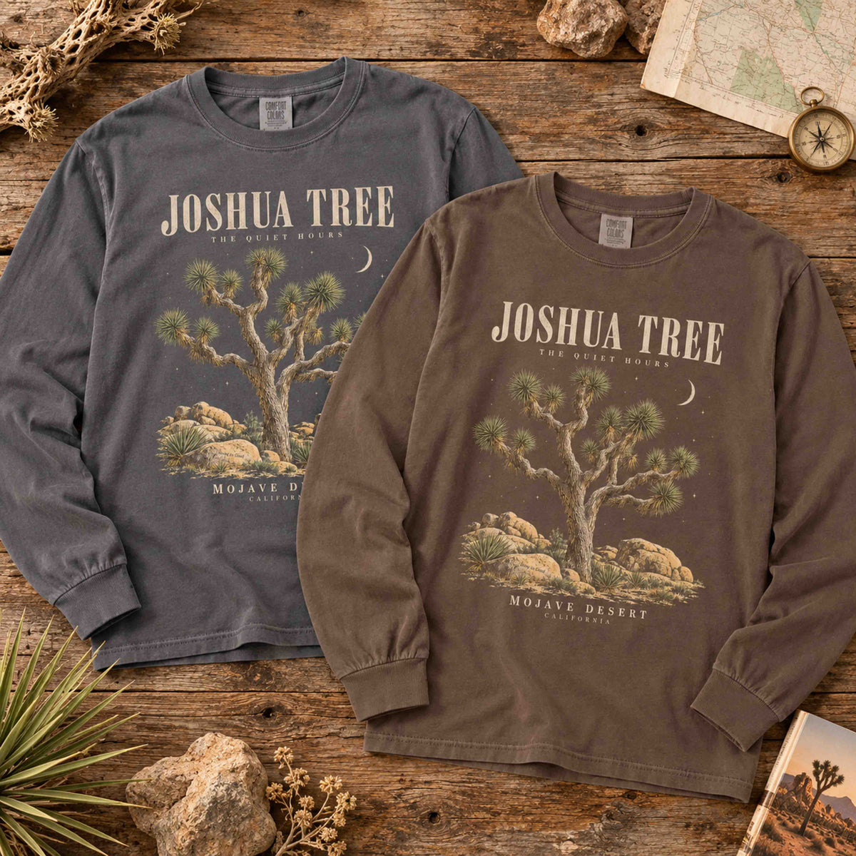 Pepper and Espresso Joshua Tree The Quiet Hours long sleeve shirts laid flat together on a wooden table.