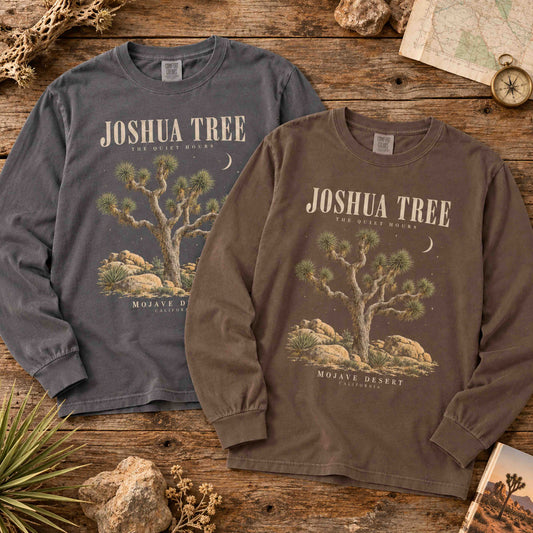 Pepper and Espresso Joshua Tree The Quiet Hours long sleeve shirts laid flat together on a wooden table.