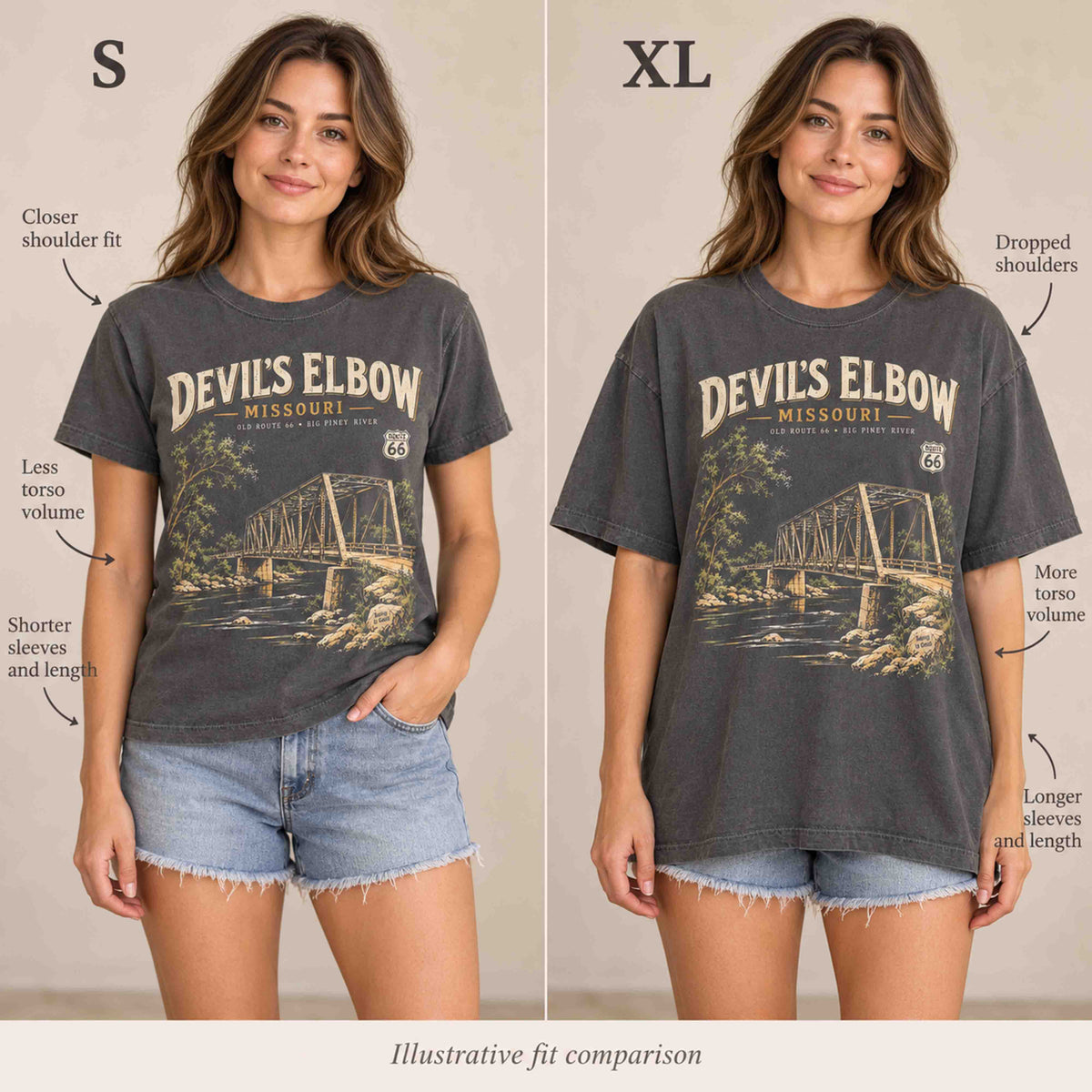 Same woman wearing the Pepper Devil's Elbow Route 66 T-shirt in Small and XL, with labels illustrating differences in fit.