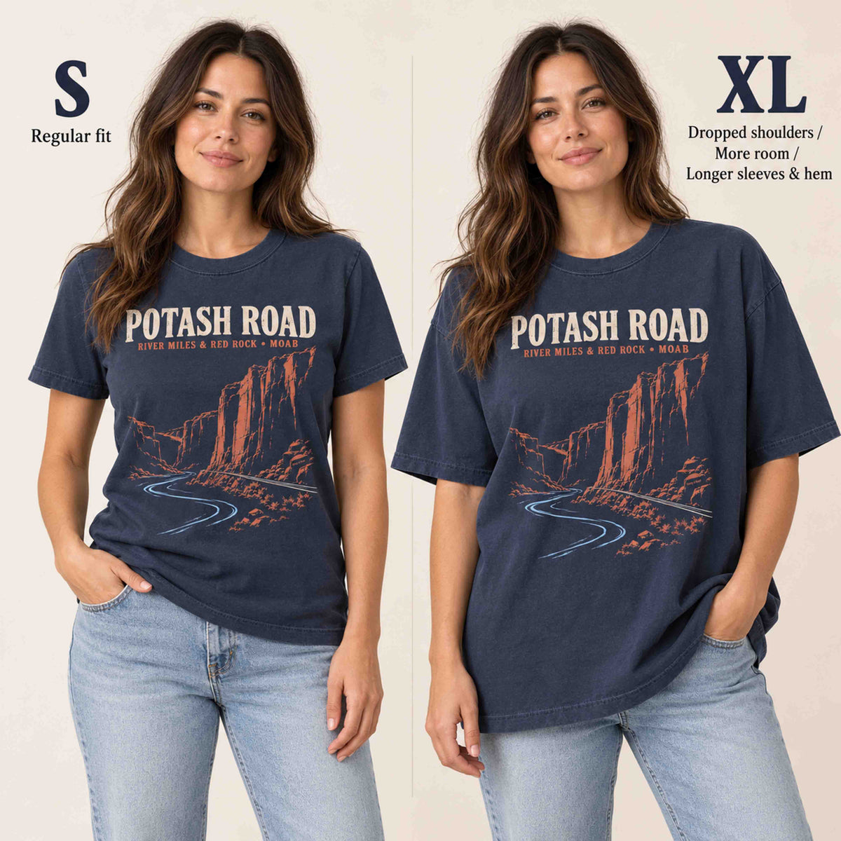 Side-by-side women's fit comparison of the Navy Potash Road T-shirt in size S for regular fit and XL for a roomier fit.