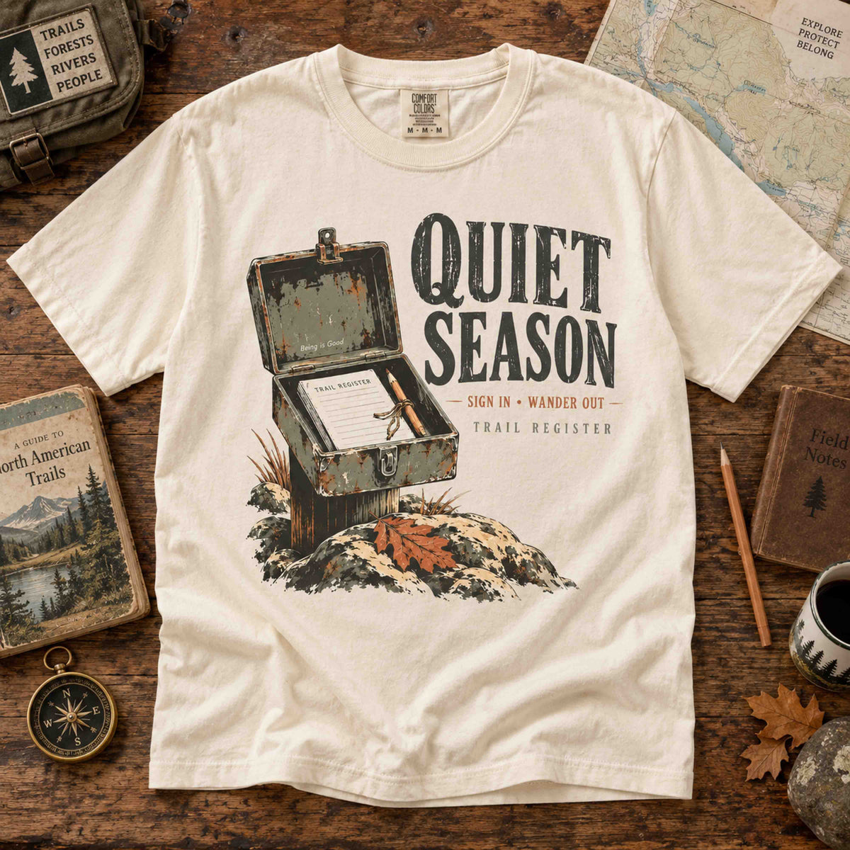 Bay Quiet Season Trail Register graphic tee with vintage trailhead and hiking artwork