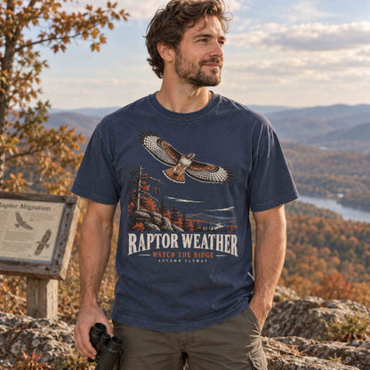 Raptor Weather Autumn Flyway graphic tee portrait with soaring hawk and mountain ridge artwork