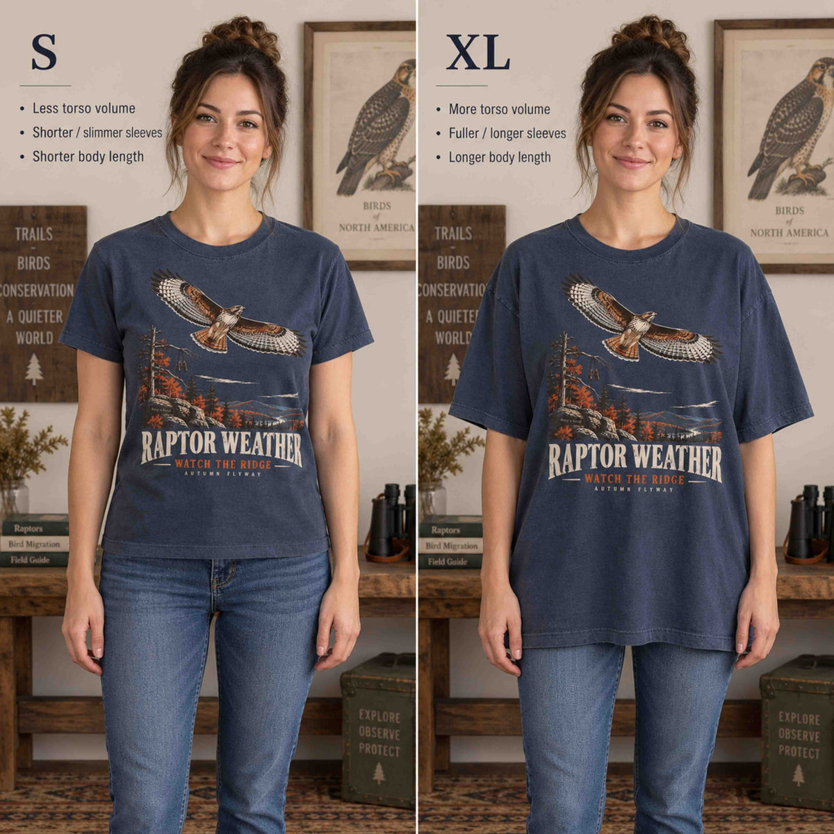 Raptor Weather Autumn Flyway graphic tee fit comparison showing Small and XL