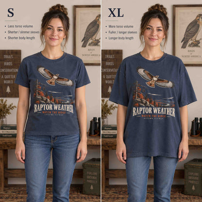 Raptor Weather Autumn Flyway graphic tee fit comparison showing Small and XL