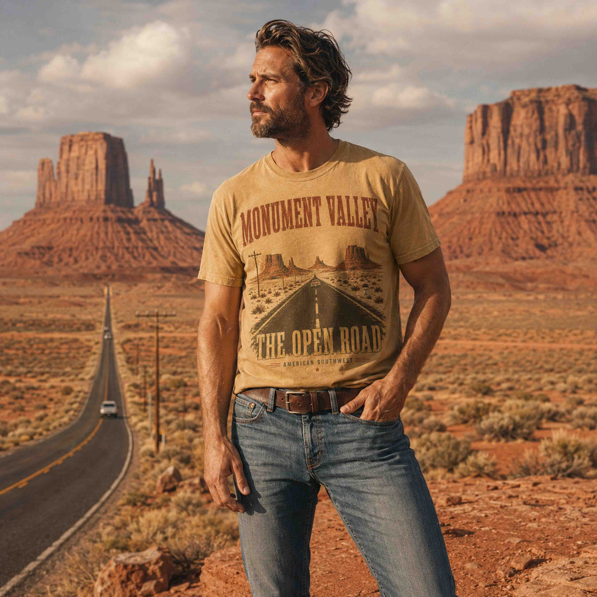 Mustard Monument Valley The Open Road desert road trip graphic t-shirt