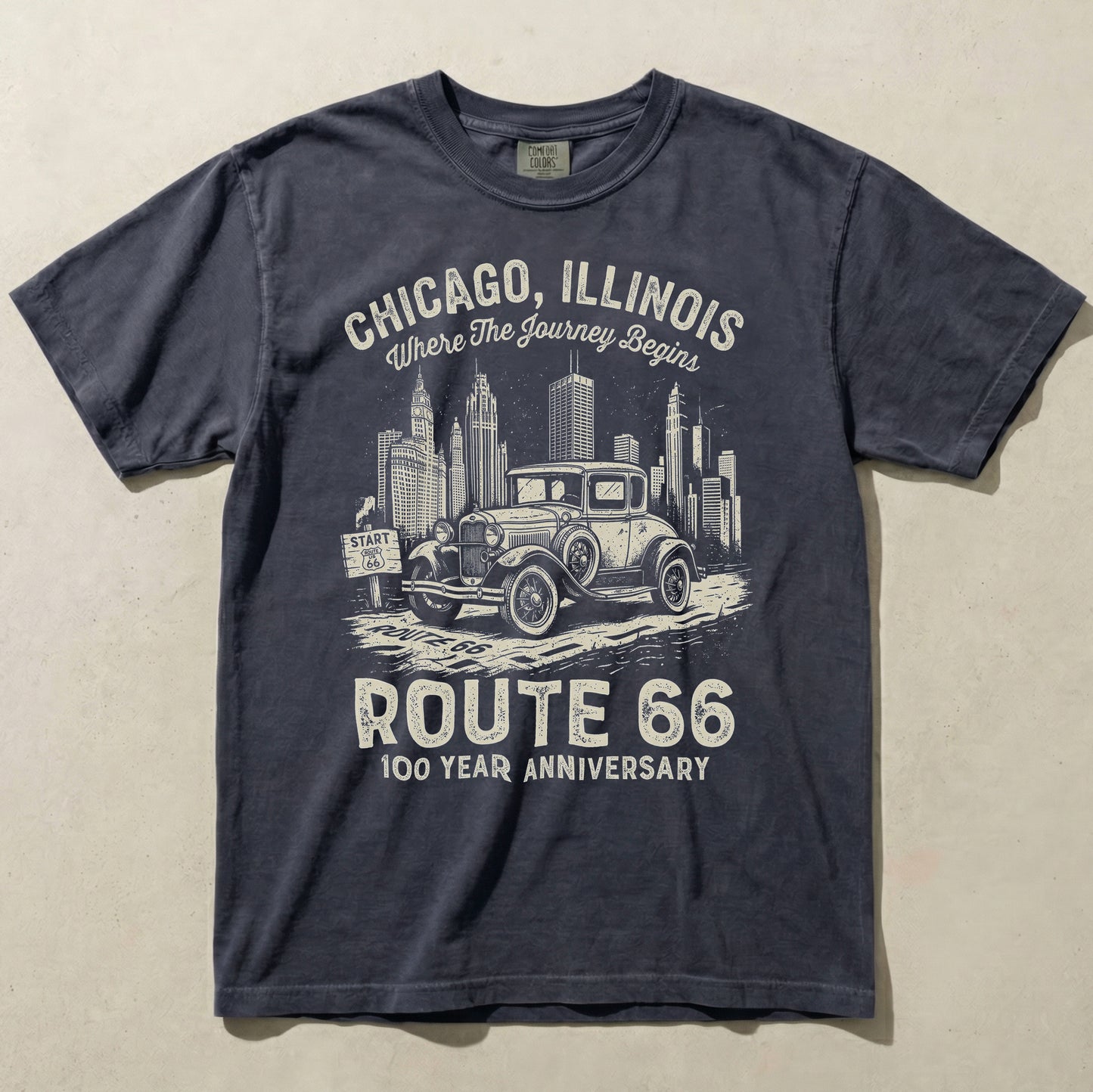 Chicago Route 66 Vintage Car Graphic Tee – 100 Year Anniversary Shirt