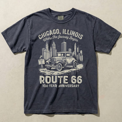 Chicago Route 66 Vintage Car Graphic Tee – 100 Year Anniversary Shirt