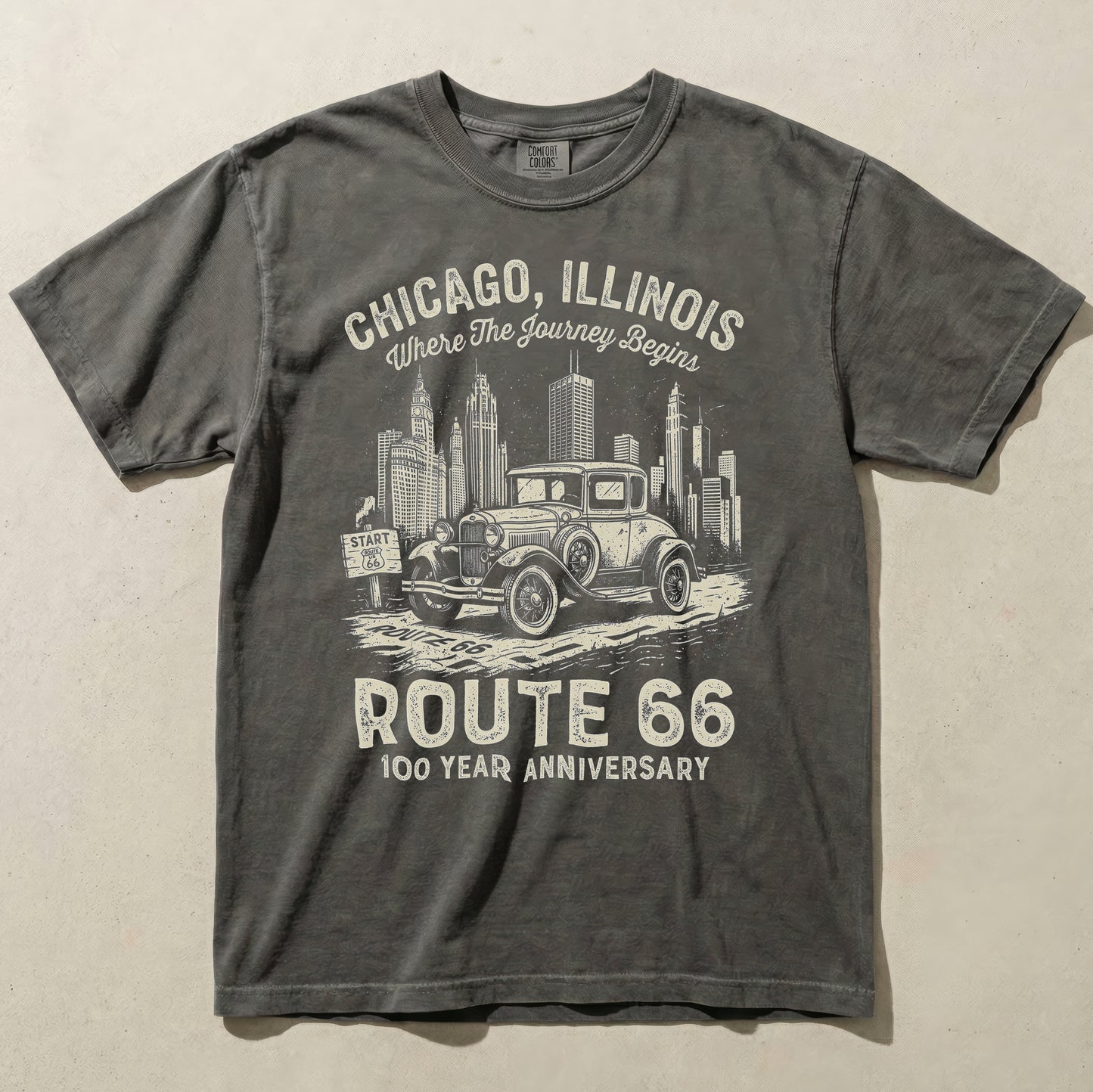 Chicago Route 66 Vintage Car Graphic Tee – 100 Year Anniversary Shirt
