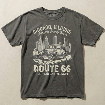 Chicago Route 66 Vintage Car Graphic Tee – 100 Year Anniversary Shirt