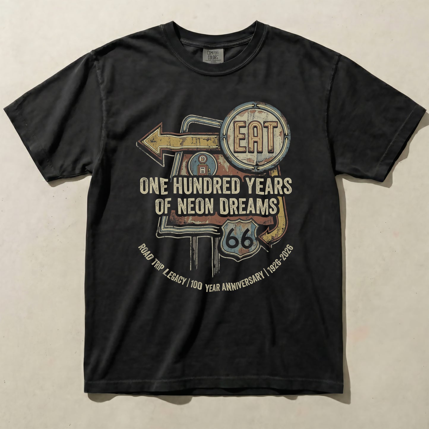 Route 66 100 Year Anniversary Graphic Tee Vintage Neon Sign Shirt