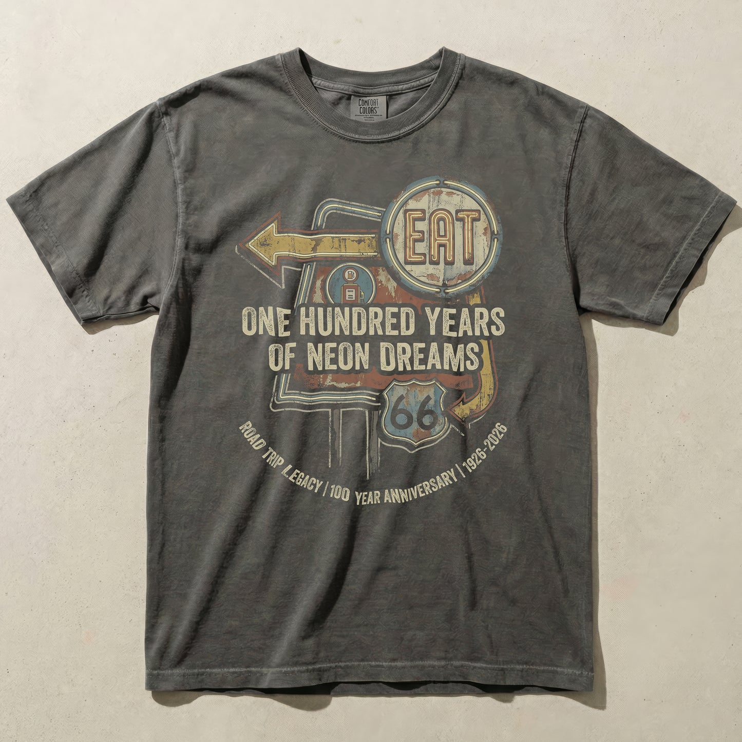 Route 66 100 Year Anniversary Graphic Tee Vintage Neon Sign Shirt