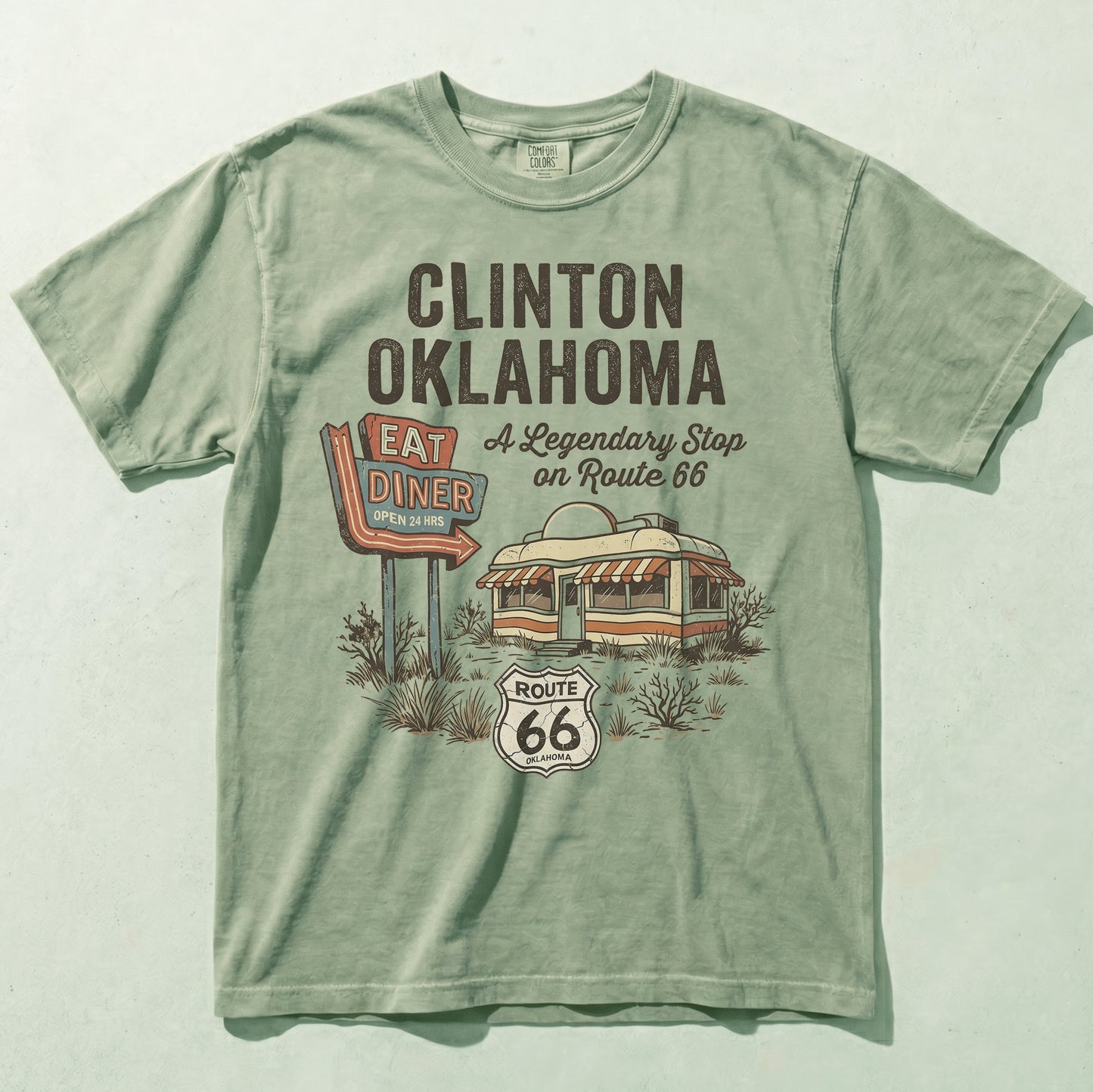 Clinton Oklahoma Route 66 Diner Tee – Vintage Mother Road Road Trip Graphic Shirt