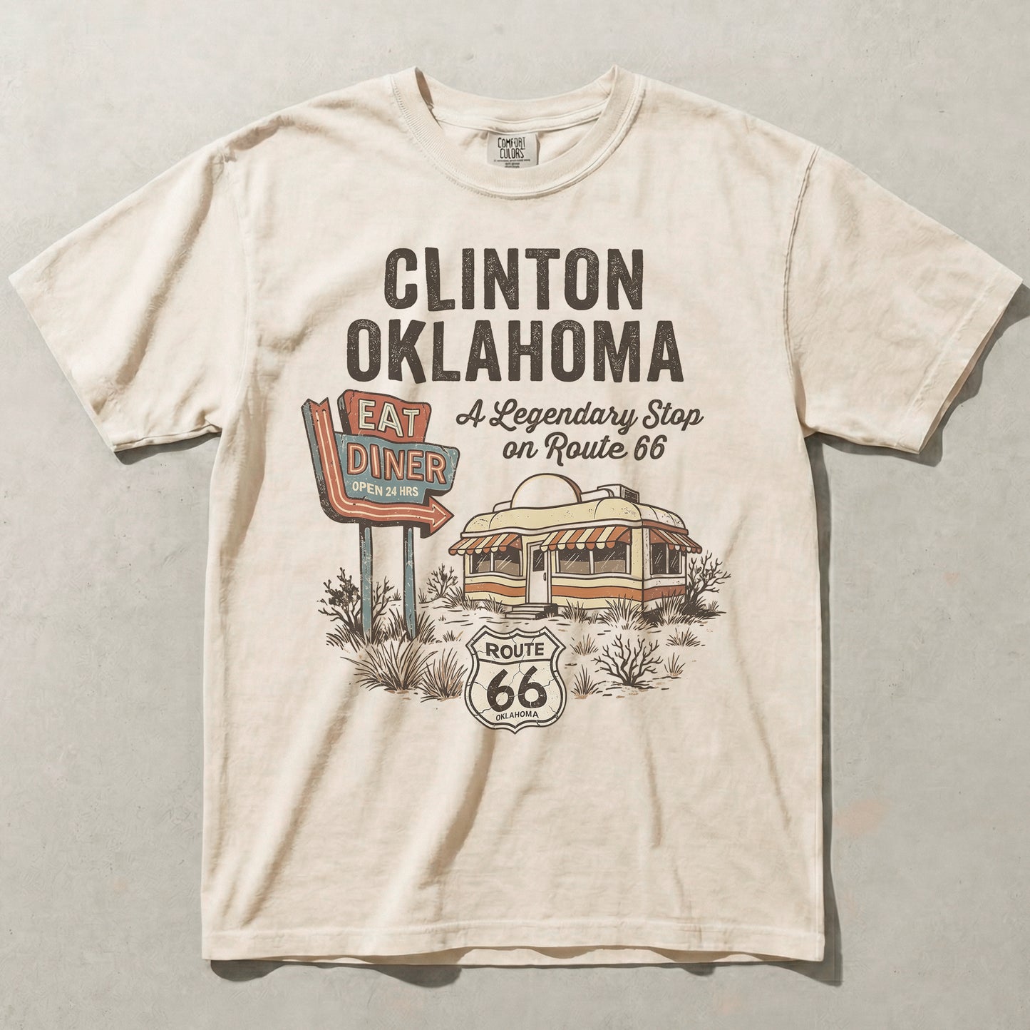 Clinton Oklahoma Route 66 Diner Tee – Vintage Mother Road Road Trip Graphic Shirt