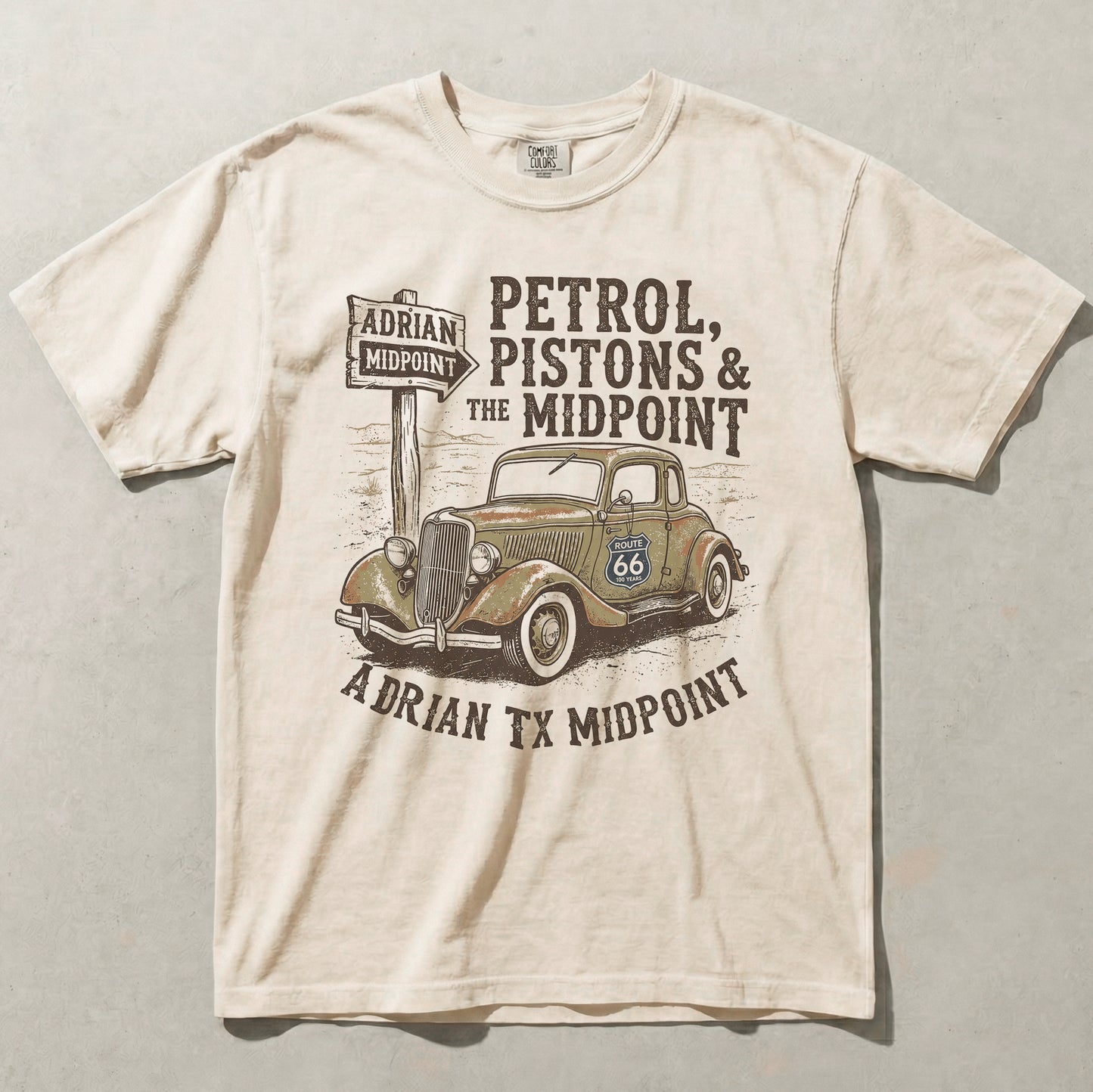Route 66 Vintage Car Shirt Petrol Pistons Midpoint Adrian Texas Graphic Tee