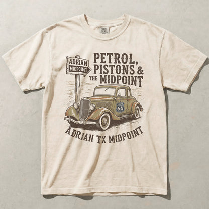 Route 66 Vintage Car Shirt Petrol Pistons Midpoint Adrian Texas Graphic Tee