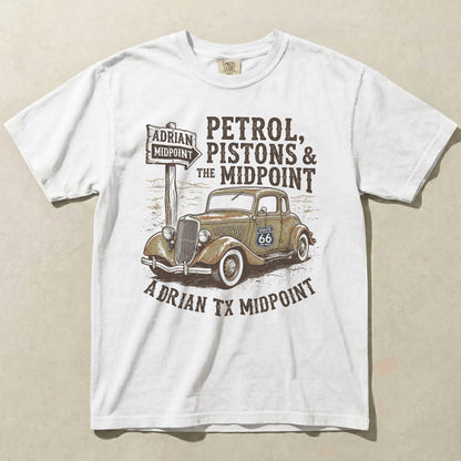 Route 66 Vintage Car Shirt Petrol Pistons Midpoint Adrian Texas Graphic Tee