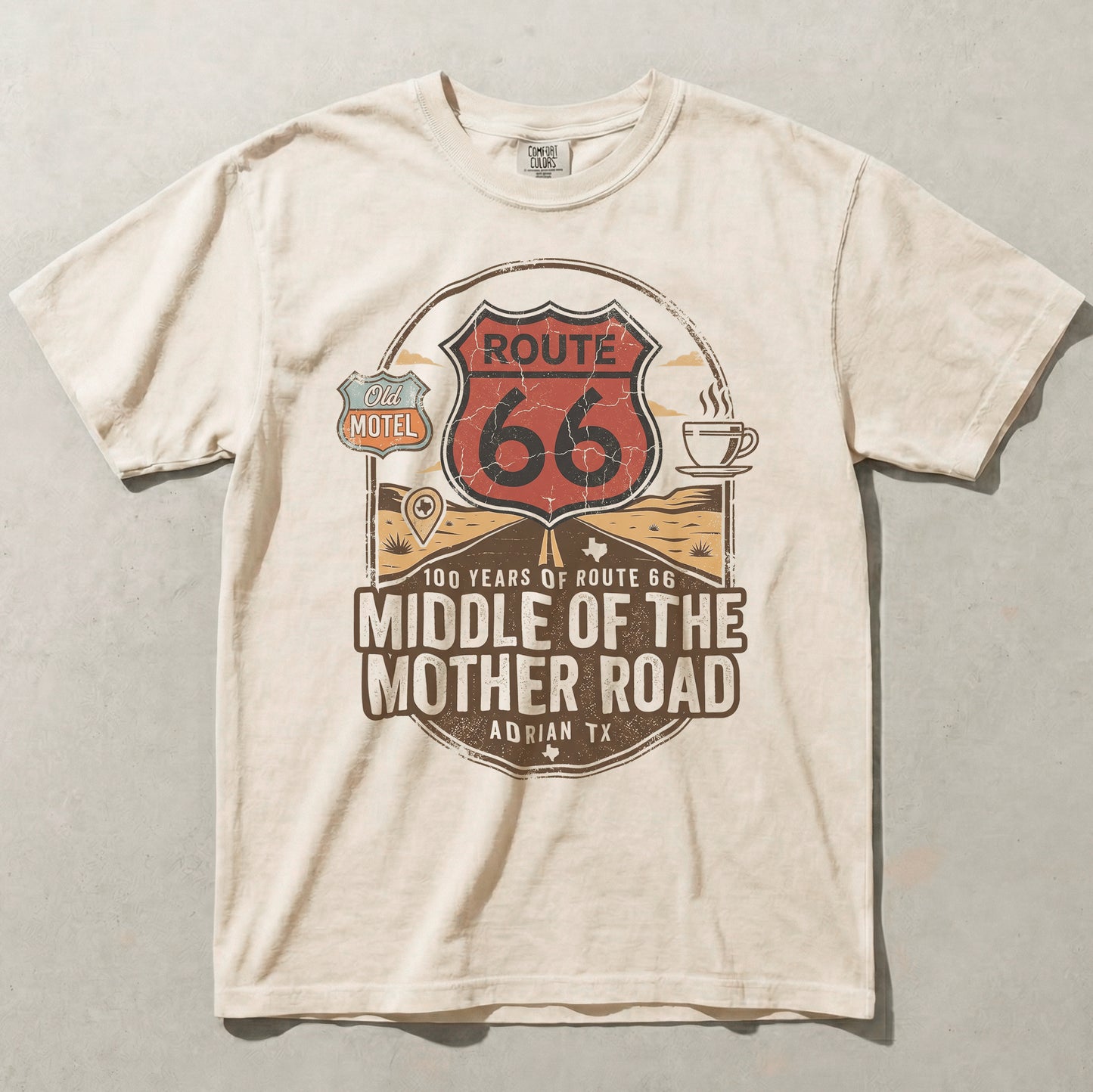 Route 66 Middle of the Mother Road Shirt Adrian TX Vintage Travel Graphic Tee