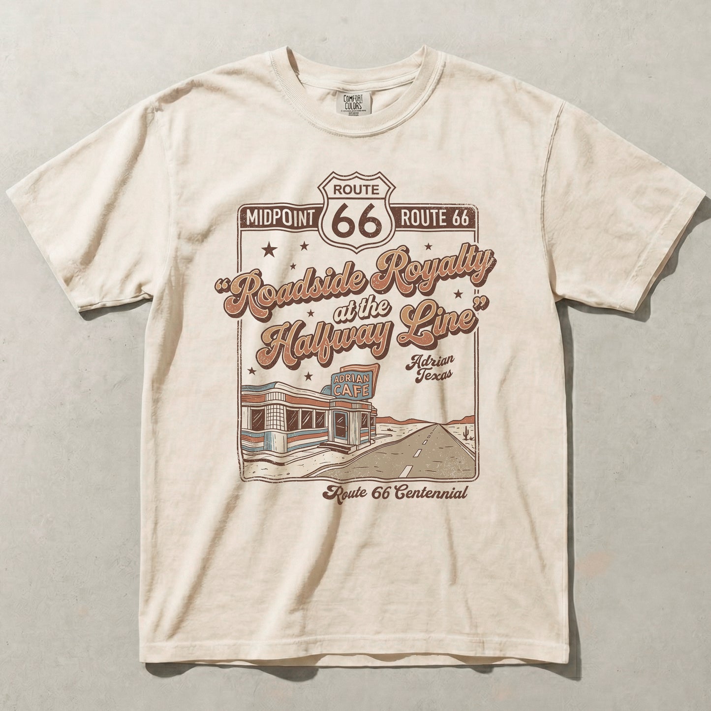 Route 66 Roadside Royalty Shirt Adrian TX Midpoint Vintage Travel Graphic Tee